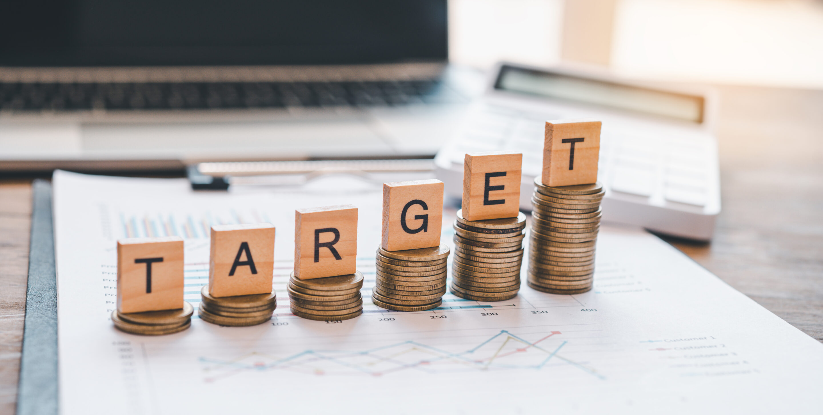 wooden block with the words TARGET on coinconcept the goal of